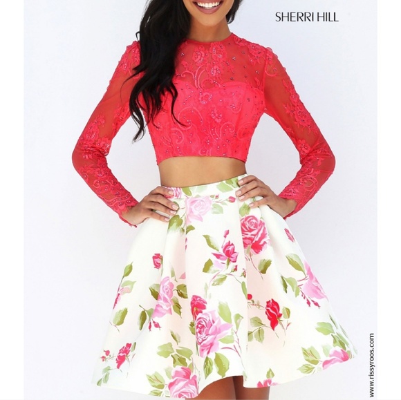 Sherri Hill Pink Crop top Floral Skirt Proms Dress - Picture 1 of 5
